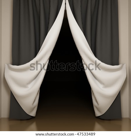 stock photo : Black and white curtains with open-angle. View to dark room