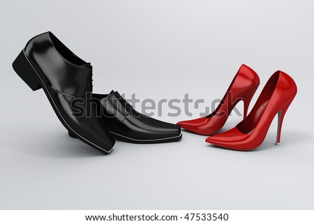 Black Shoes Women on Men S Black Shoes And Women S Red Shoes On Grey Background Stock Photo