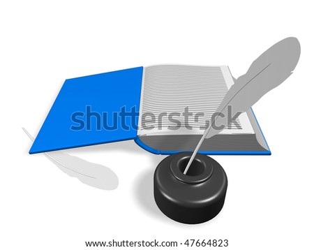 Layout of an open book. With Inkwell and pen. 3d render. Isolated on white.