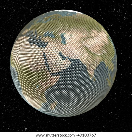 Abstract picture. Globe made of small spheres. On star background. Concept render