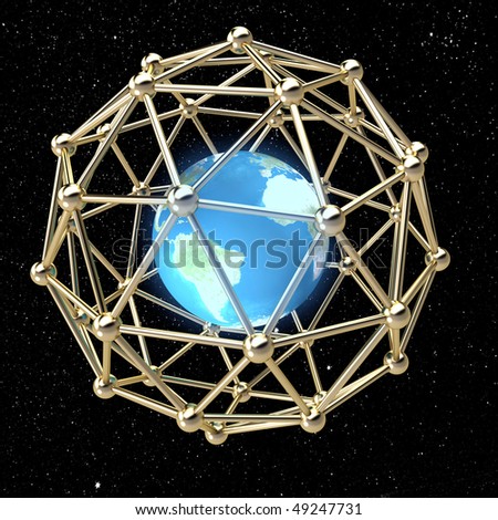 Globe enclosed in a metal grid from small spheres