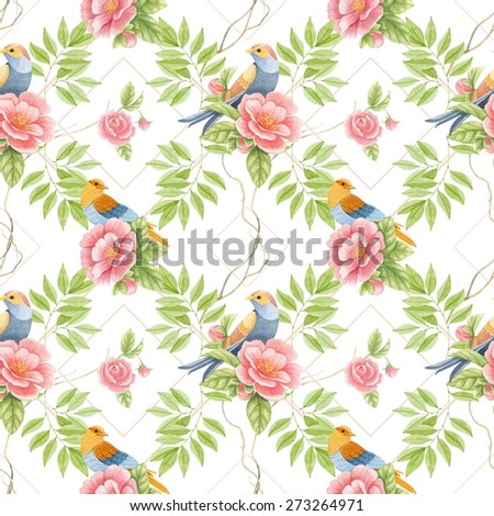 Watercolor seamless pattern. Birds and flowers. 1