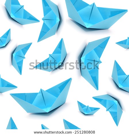 Seamless pattern with blue boats, origami boats, seamless origami