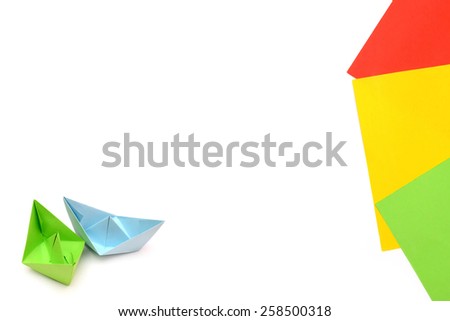 Blue and green paper boats, origami, paper sheets, color paper sheets
