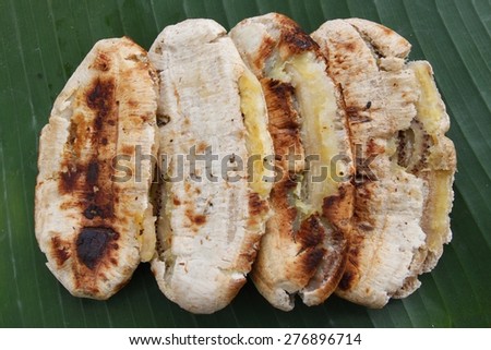 Grilled banana put on banana leaf