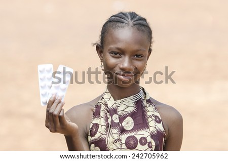 African Girl Holding Pills to Cure, Medicine and Healthcare Symbol