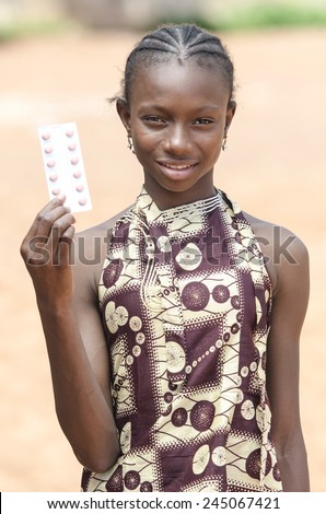 African Girl Holding Pills to Cure, Medicine and Health Care Symbol