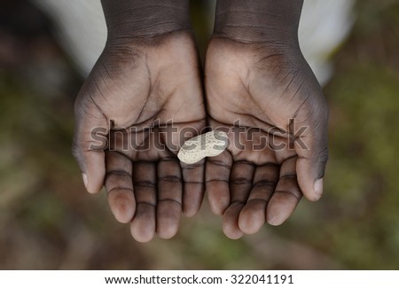 Black African Boy Holding Peanut Malnutrition Hunger Health Symbol Hungry. Little African boy Holding Peanut as a malnutrition starvation stunting problem symbol.