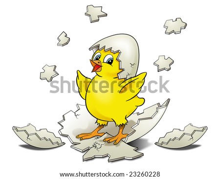 Cartoon Chicken Hatching surrounded by shell pieces on a white background