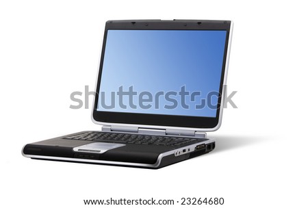 wallpaper for laptop background. stock photo : Laptop showing a blue wallpaper isolated on a white background