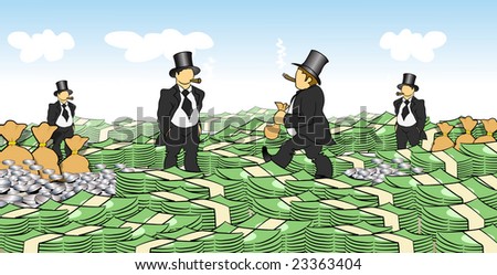 Men in black suits smoking cigars and walking in money