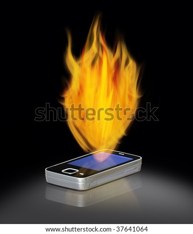 3D modern generic mobile phone on fire without any text or icons
