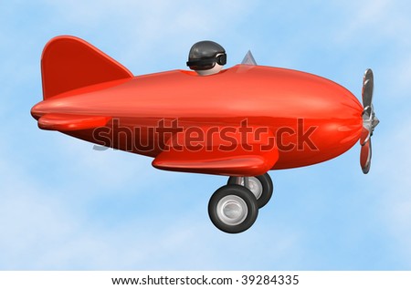 3D cartoon like old fashioned red airplane in profile