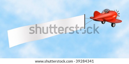 3D cartoon like old fashioned red airplane with empty banner