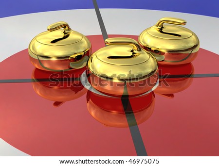 Three golden curling stones placed at the center