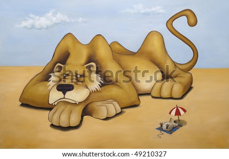 Lazy lioness and bold mouse painted in oil on canvas. I, the Artist, owns the copyright.