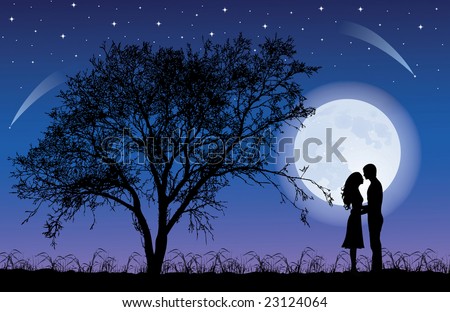 stock vector : Silhouettes of man and woman hugging at night time with a Tree silhouette. Giant beautiful full moon in the sky.
