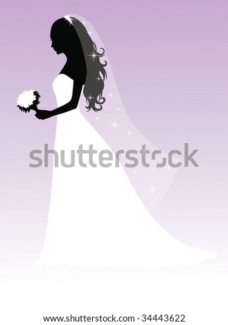 stock vector Silhouette of a beautiful bride standing and holding a 