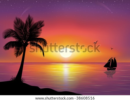 Silhouette of a ship at the sea and silhouette of palm tree in the foreground. Beautiful Sunset and stars at the seaside in the background.