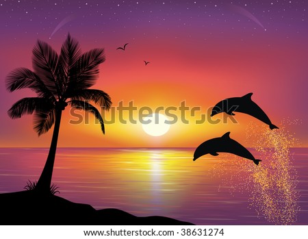 Поезија - Page 12 Stock-vector-silhouette-of-two-dolphins-jumping-out-of-water-in-the-ocean-and-silhouette-of-palm-tree-in-the-38631274