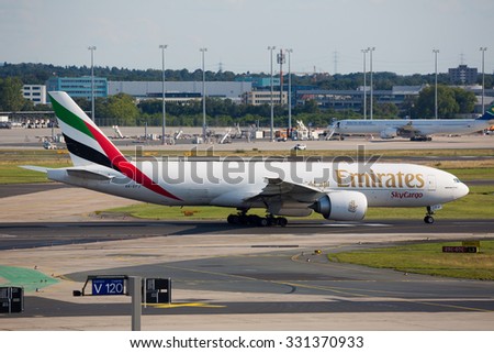 FRANKFURT,GERMANY-AUGUST 21: Cargo Boeing 777 Emirates (Emirates Sky Cargo) on the runway at Frankfurt airport on August 21,2014 in Frankfurt,Germany.