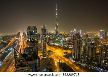 DUBAI,UAE - NOVEMBER 10: Dubai by night, Dubai skyline, Dubai Downtown, Dubai skyscrapers, Burj Khalifa, Tallest building in the world, Dubai cityscape, Dubai Mall on November 10, 2015 in Dubai