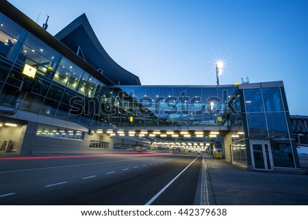 Airport terminal. Airport jet bridge. Airport jetway, aerobridge, skybridge. Passenger boarding bridge. Modern airport terminal. Airport air bridge.