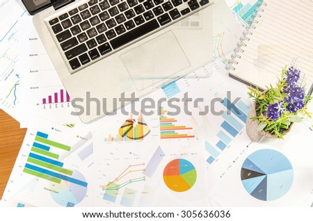 Coffee cup on financial papers, computer and office supplies.business concept