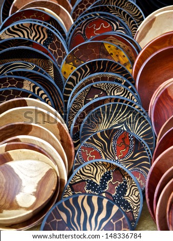 Painted Wooden Bowls In Rows In South Africa