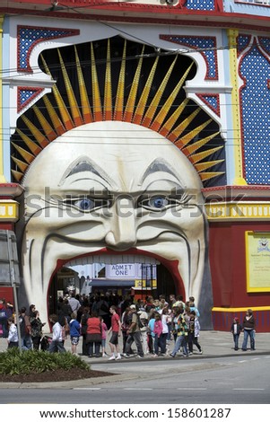 MELBOURNE, AUSTRALIA - SEPTEMBER 29: Main entrance in Luna Park. The clown face at the entrance of Luna Park, one of the iconic entertainment precincts in Melbourne, Australia - Sep. 29, 2009