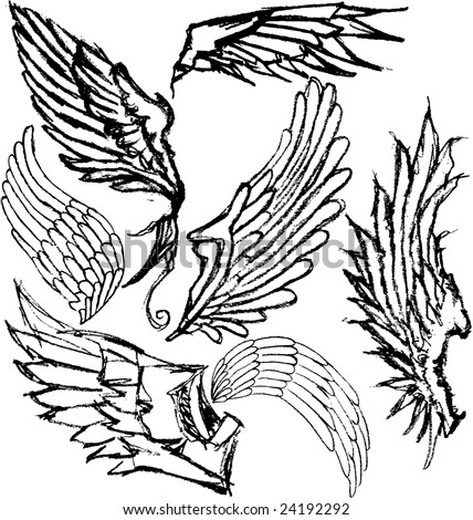 stock photo Handdrawn grungy wings Set of 7 variations