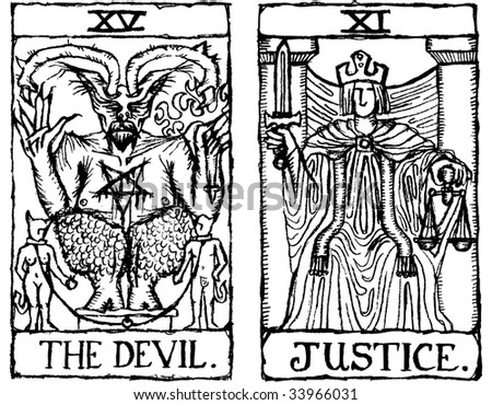 Hand-drawn, grungy, textured Tarot cards depicting The Devil and Justice.