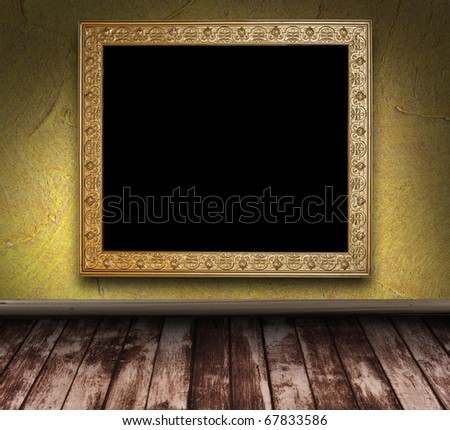 yellow grunge room with wooden floor and picture frame