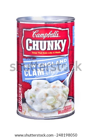 Newton, NJ - January 29,2015:  Isolated image of a can of Campbell\'s Chunky New England Clam Chowder soup. Easy open cans are convenient and soup makes a great quick meal or snack