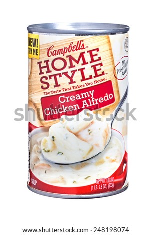 Newton, NJ - January 29,2015:  Isolated image of a can of Campbell\'s Home Style Creamy Chicken Alfredo soup. Easy open cans are convenient and soup makes a great quick meal or snack