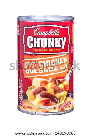 Newton, NJ - January 29,2015:  Isolated image of a can of Campbell\'s Chunky Spicy Chicken Quesadilla soup. Easy open cans are convenient and soup makes a great quick meal or snack
