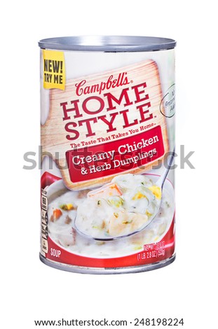 Newton, NJ - January 29, 2015:  Isolated image of a can of Campbell\'s Home Style Creamy Chicken and Herb Dumpling soup. Easy open cans are convenient and soup makes a great quick meal or snack