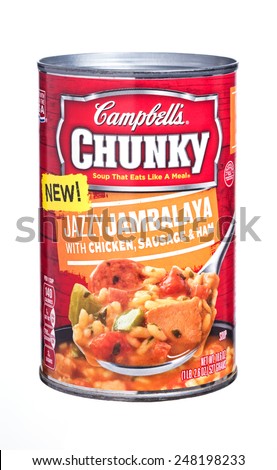 Newton, NJ - January 29, 2015:  Isolated image of a can of Campbell's Chunky Jazzy Jambalaya soup. Easy open cans are convenient and soup makes a great quick meal or snack