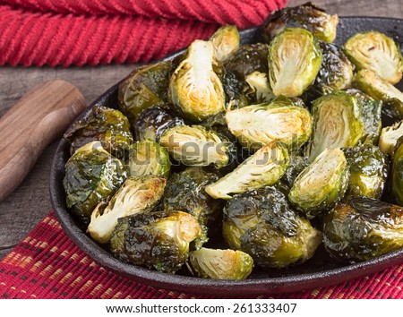 Roasted Brussels Sprouts in cast iron dish