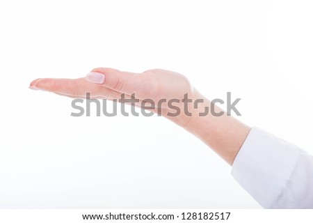 Isolated female hand with palm in opened up position.