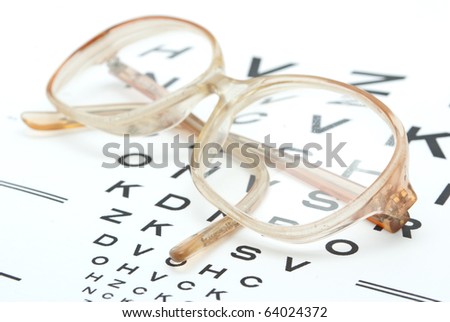 Glasses with eye chart isolated on white