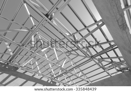 Structure of steel roof frame for construction. In Black and White.