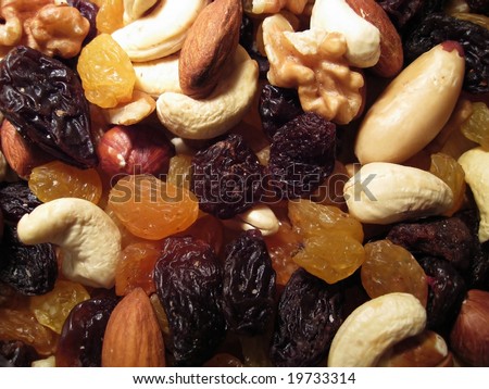 Mixed up raisins, cashew nuts, walnuts, almonds, and brazilian nuts