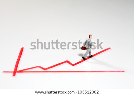 Miniature toy figure of a man climbing an ascending line graph conceptual of ambition, achievement and growth
