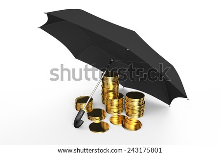 Stability and protection in financial, business  and insurance concept: stacked golden coins covered by black umbrella isolated on white background
