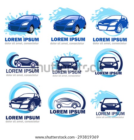 set of logos for car washing on a white background. Car logos. Logos of car cleaning. Blue logos of car washing on a white background.