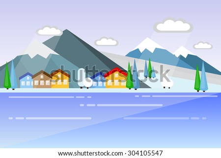 flat winter landscape illustration. lake, forest, mountains, home, snow, snow-covered village. lake house in the mountains flat illustration. City on the Lake illustration.
