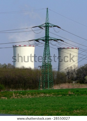 Cooling towers of power station with electric wire