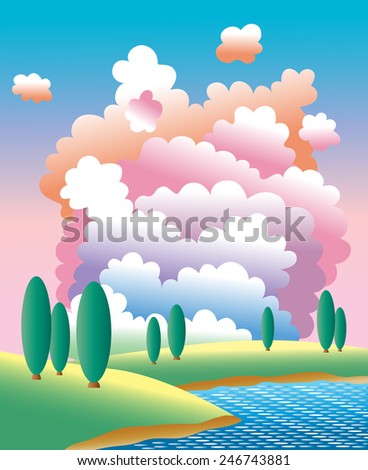 Poplar tree. Landscape with big colorful clouds. Lake beach. Summer weather background.