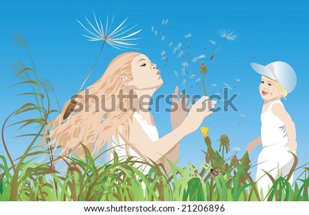 Young mum blows on a dandelion and the child is dared. Vector illustration